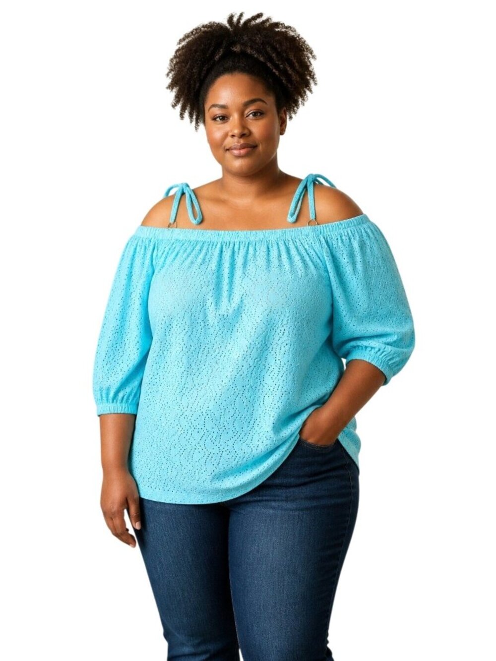 Michael Michael Kors Plus Size Off-The-Shoulder Eyelet Top, Turquoise, OX